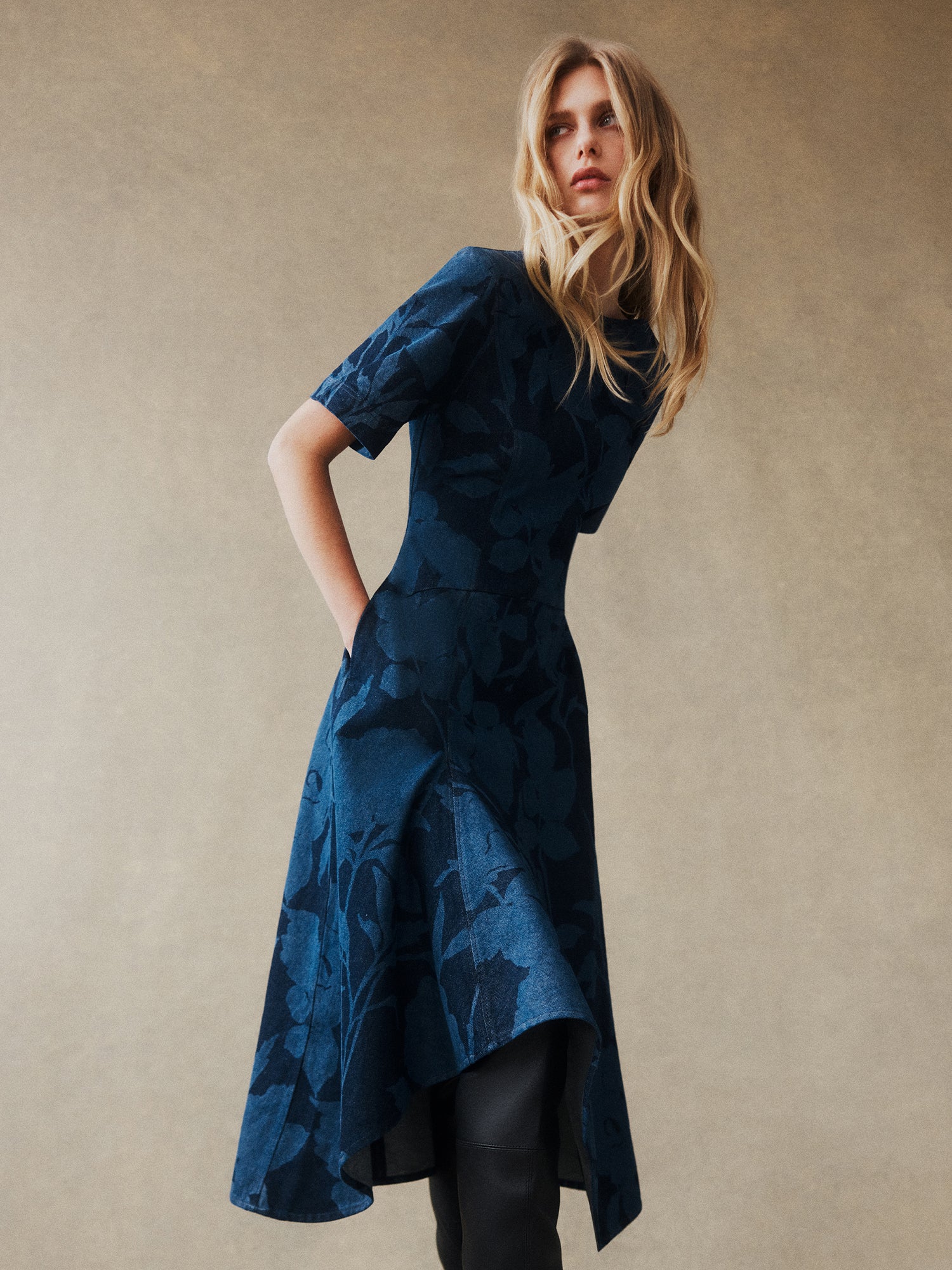 SHADOW FLORAL DENIM MIDI DRESS - Image 5