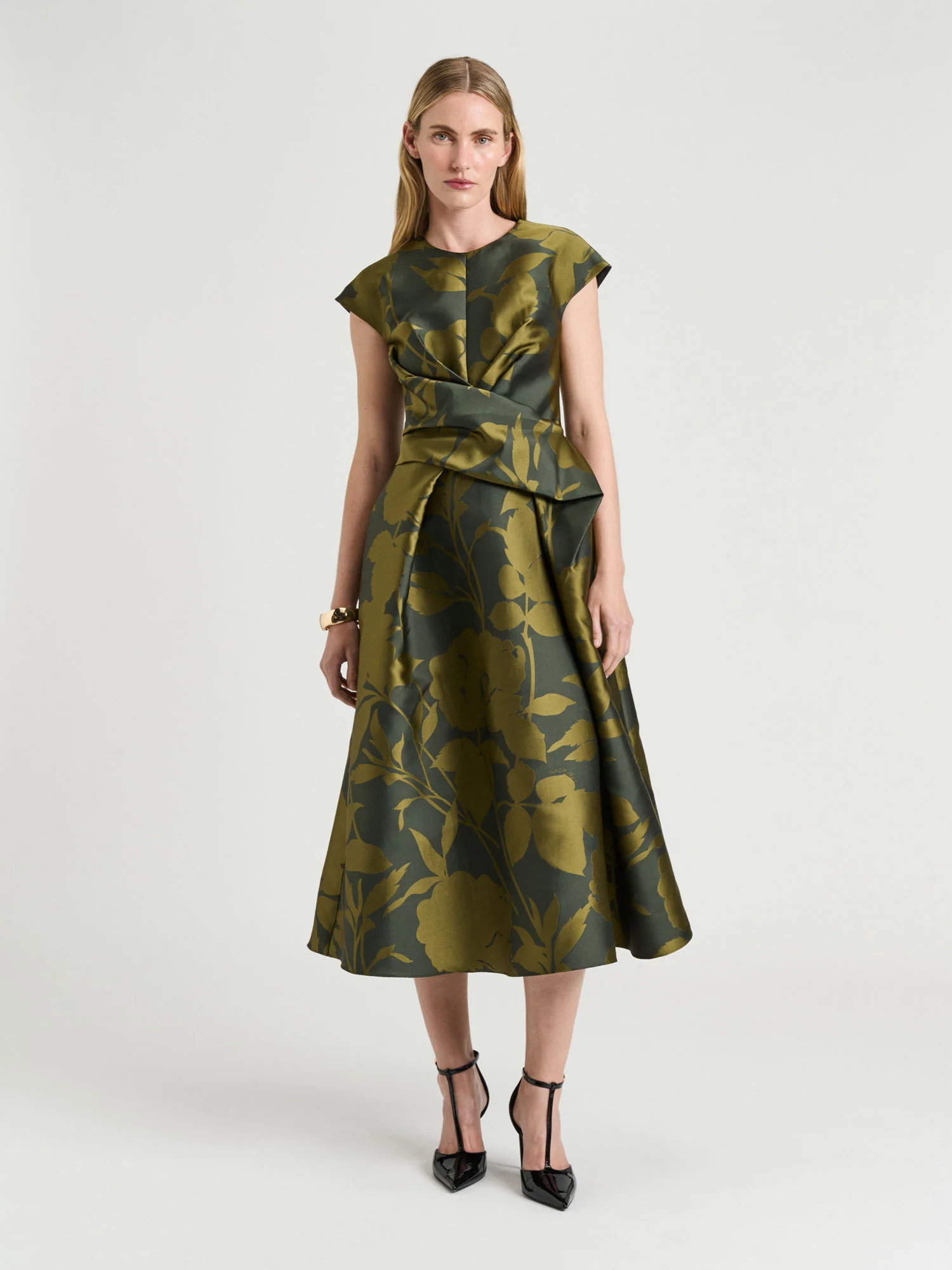 SHADOW FLORAL JACQUARD DRAPED MIDI DRESS