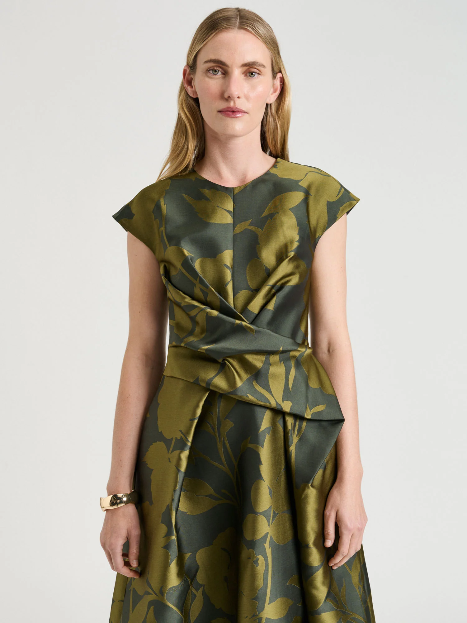 SHADOW FLORAL JACQUARD DRAPED MIDI DRESS - Image 2