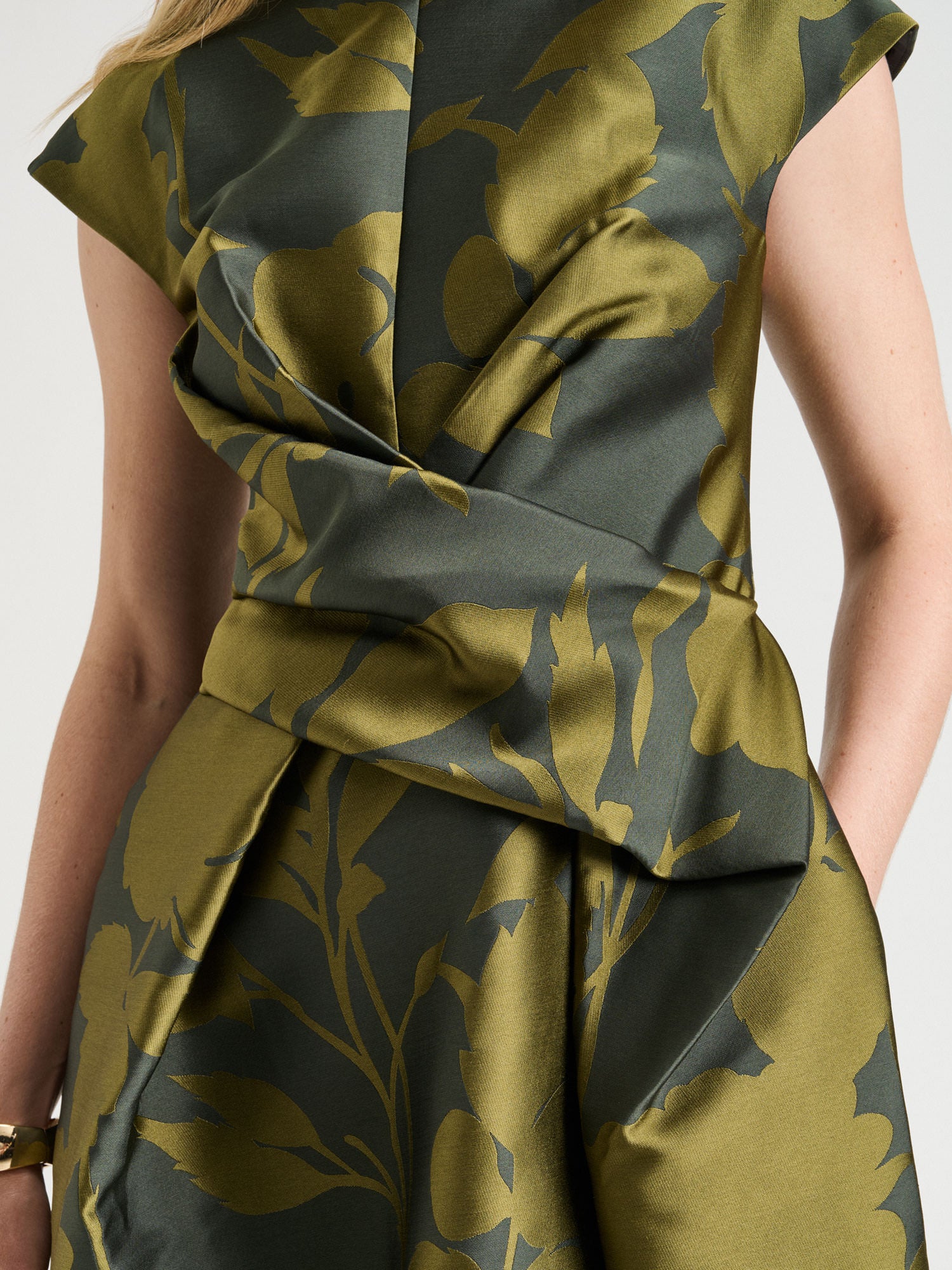 SHADOW FLORAL JACQUARD DRAPED MIDI DRESS - Image 3
