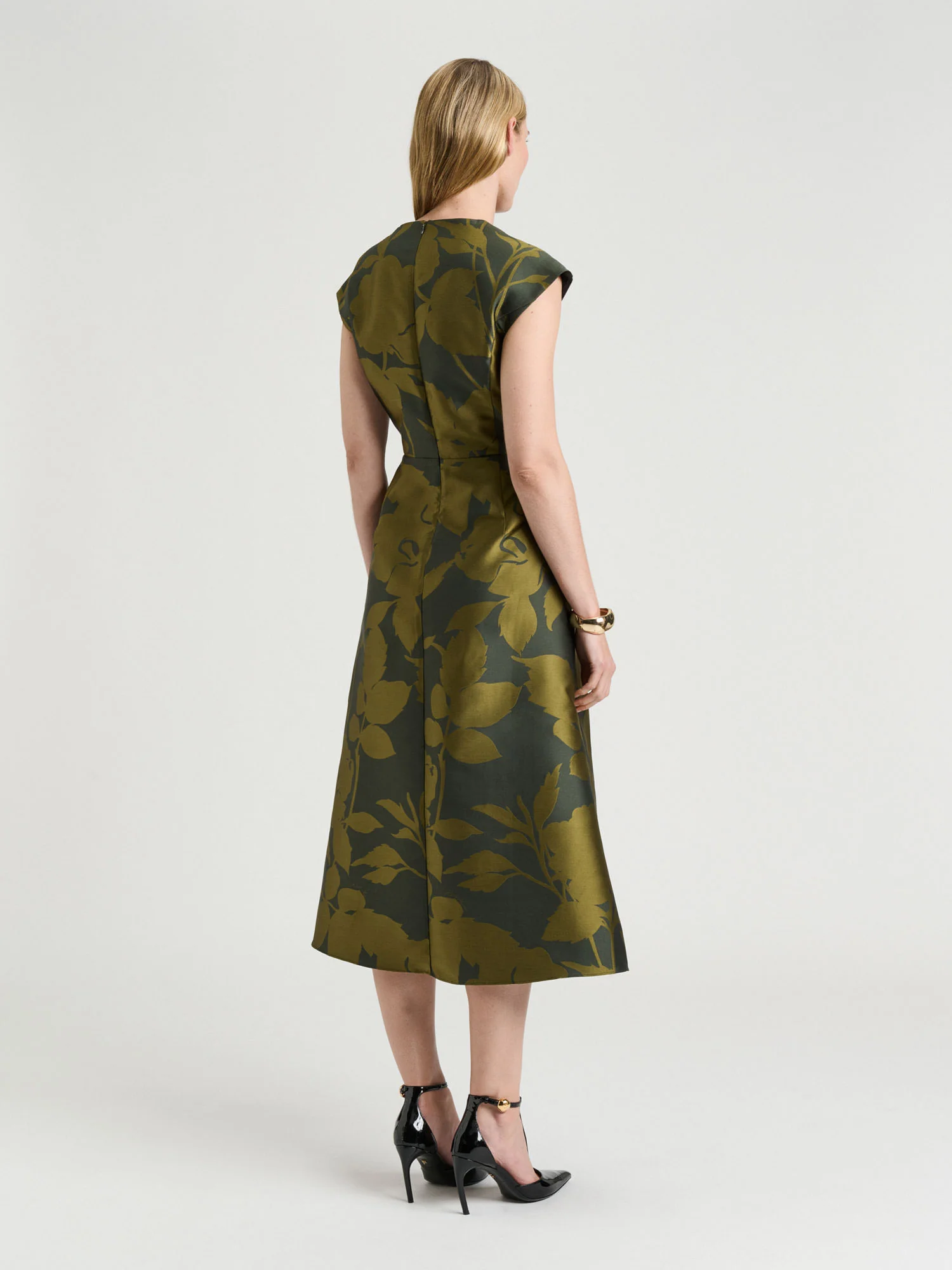 SHADOW FLORAL JACQUARD DRAPED MIDI DRESS - Image 4