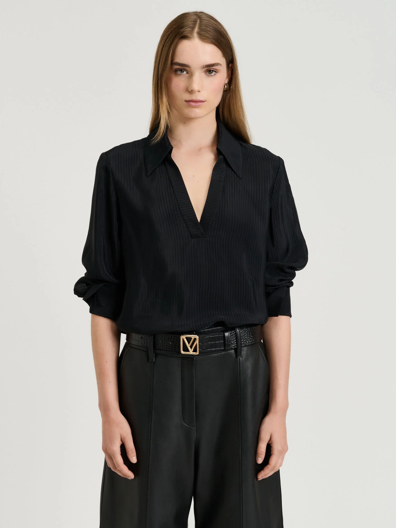 SHEER VISCOSE STRIPE COLLARED TOP - Image 7