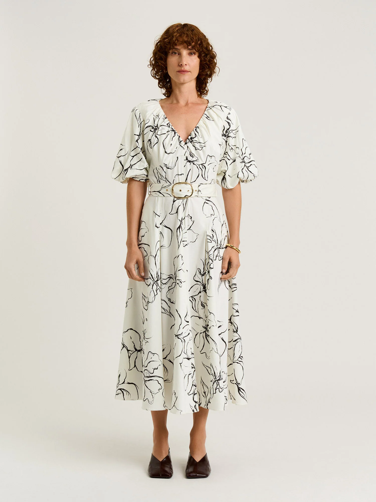SKETCH FLORAL COTTON SATEEN MIDI DRESS