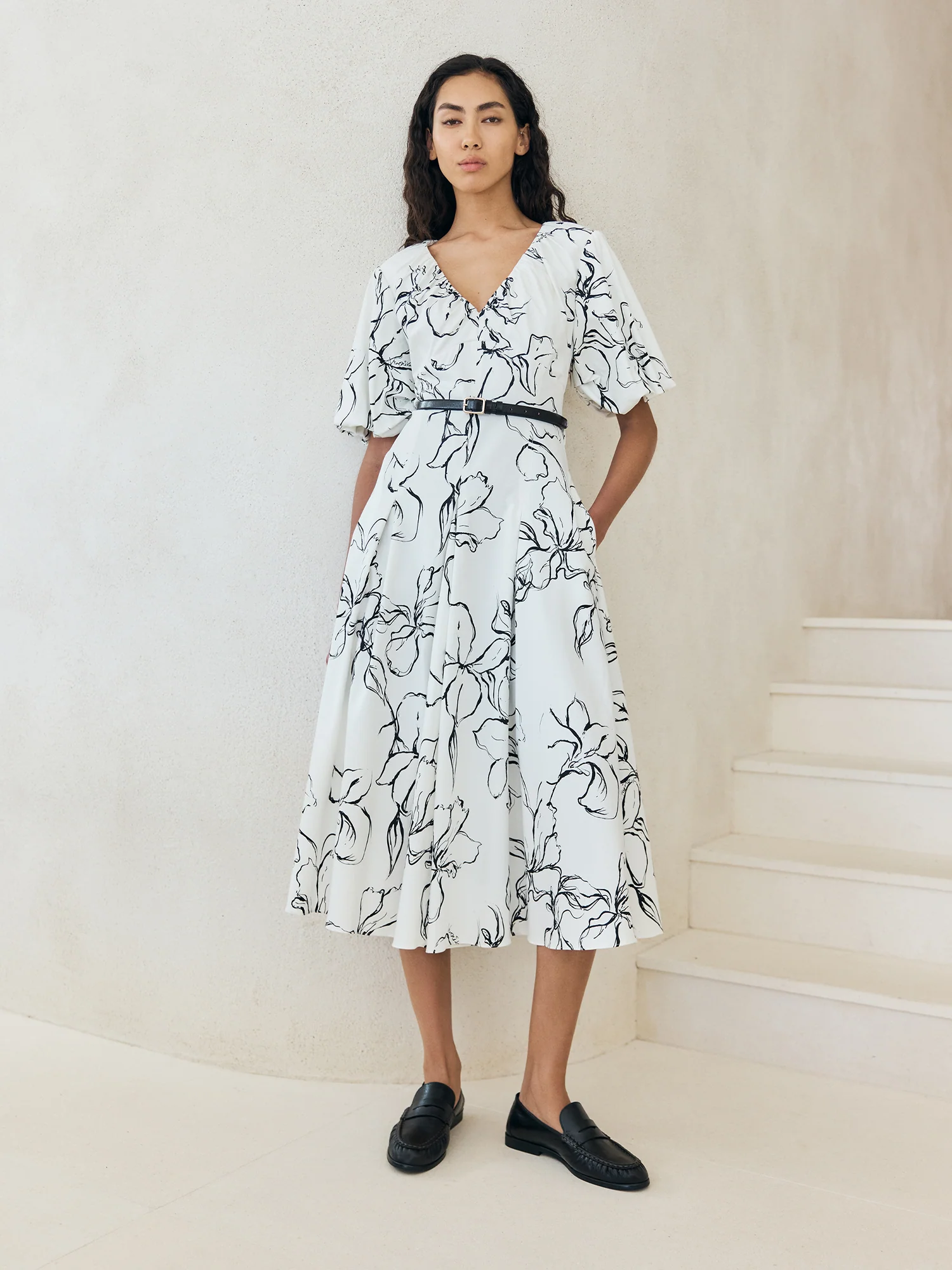 SKETCH FLORAL COTTON SATEEN MIDI DRESS - Image 5