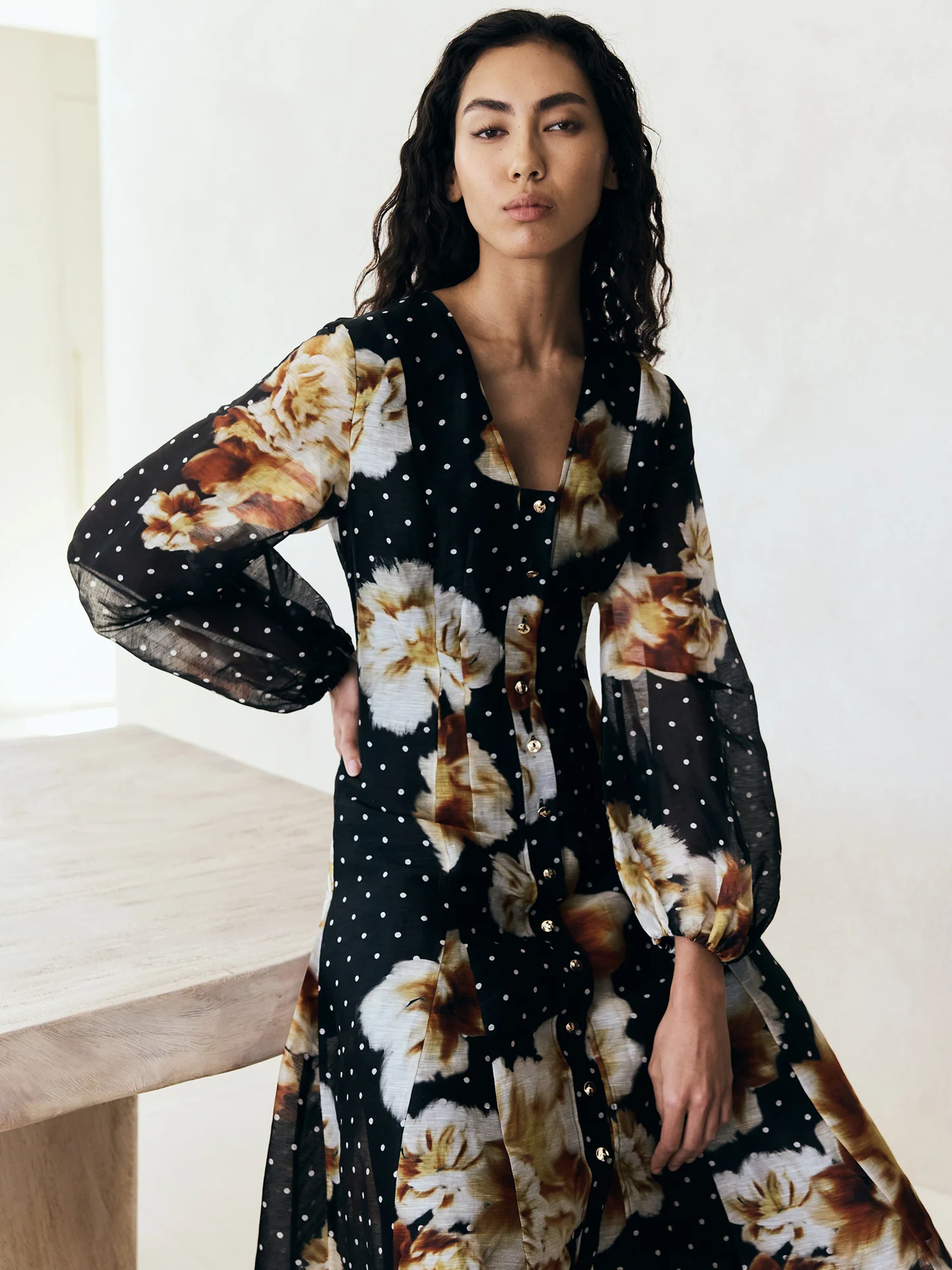 SPOT FLORAL LINEN SILK MIDI DRESS - Image 5