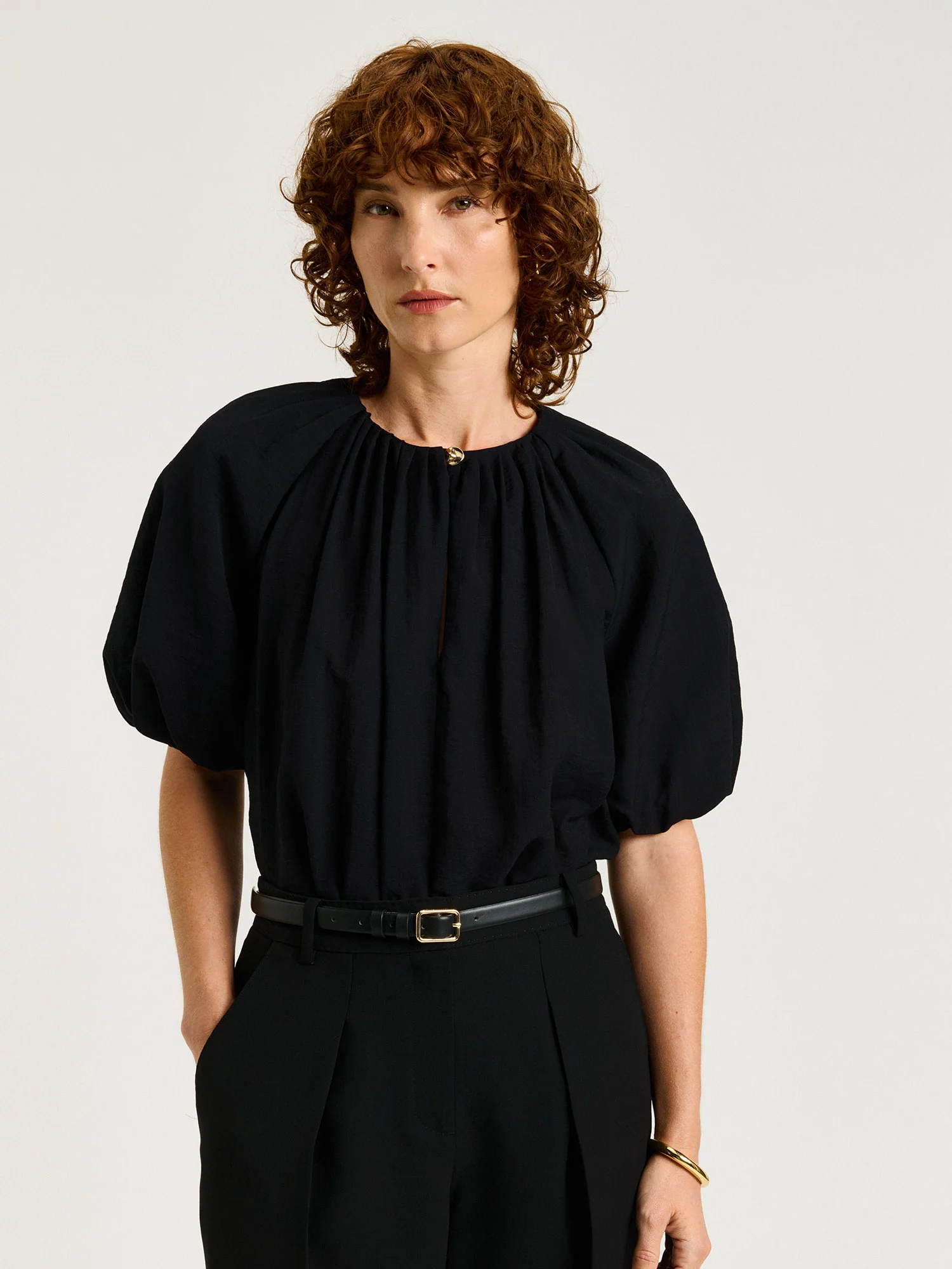 TEXTURED VISCOSE TUCK NECK TOP - Image 6
