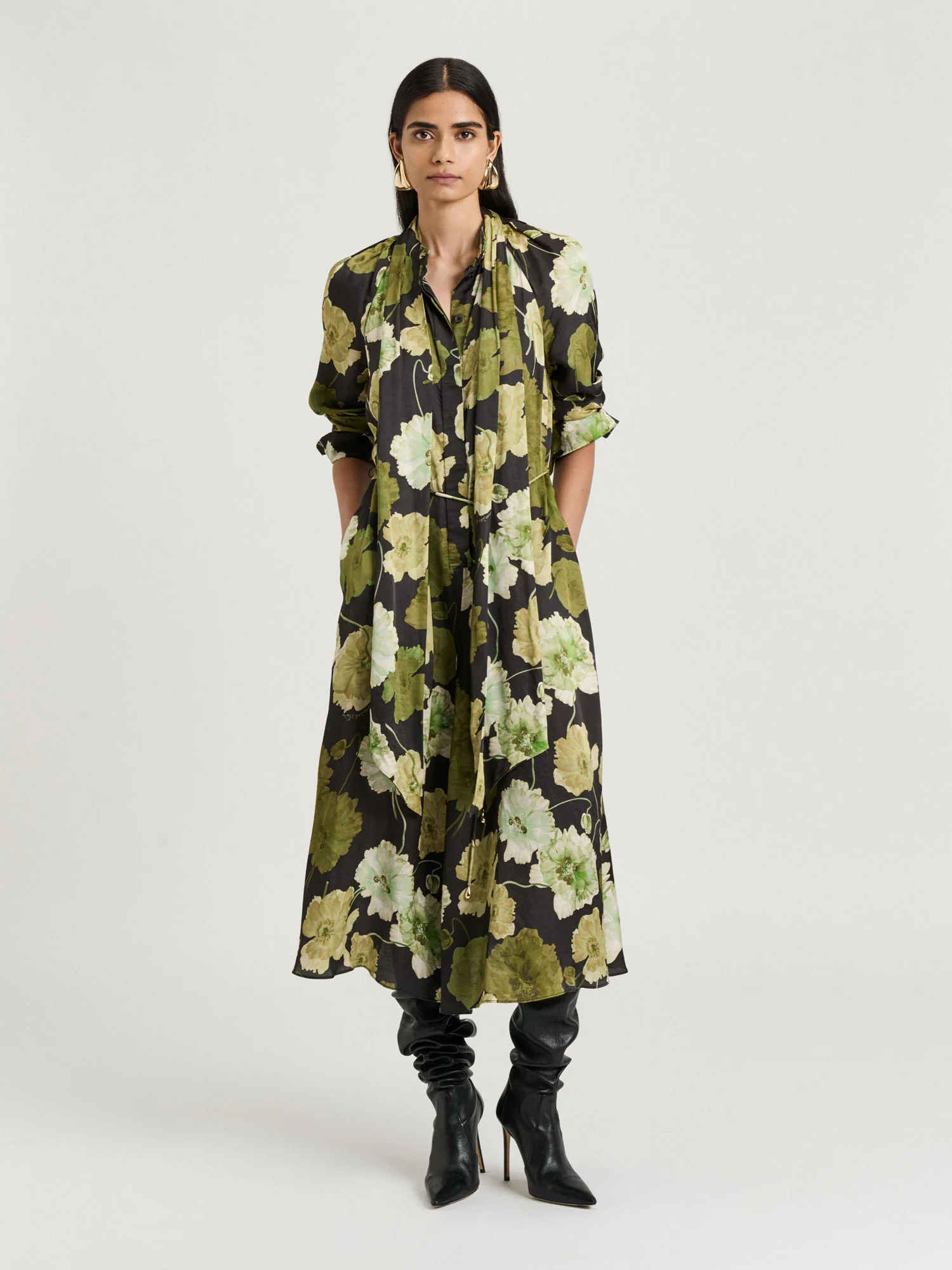 TRANSLUCENT POPPY SATIN LONG SLEEVE MIDI DRESS
