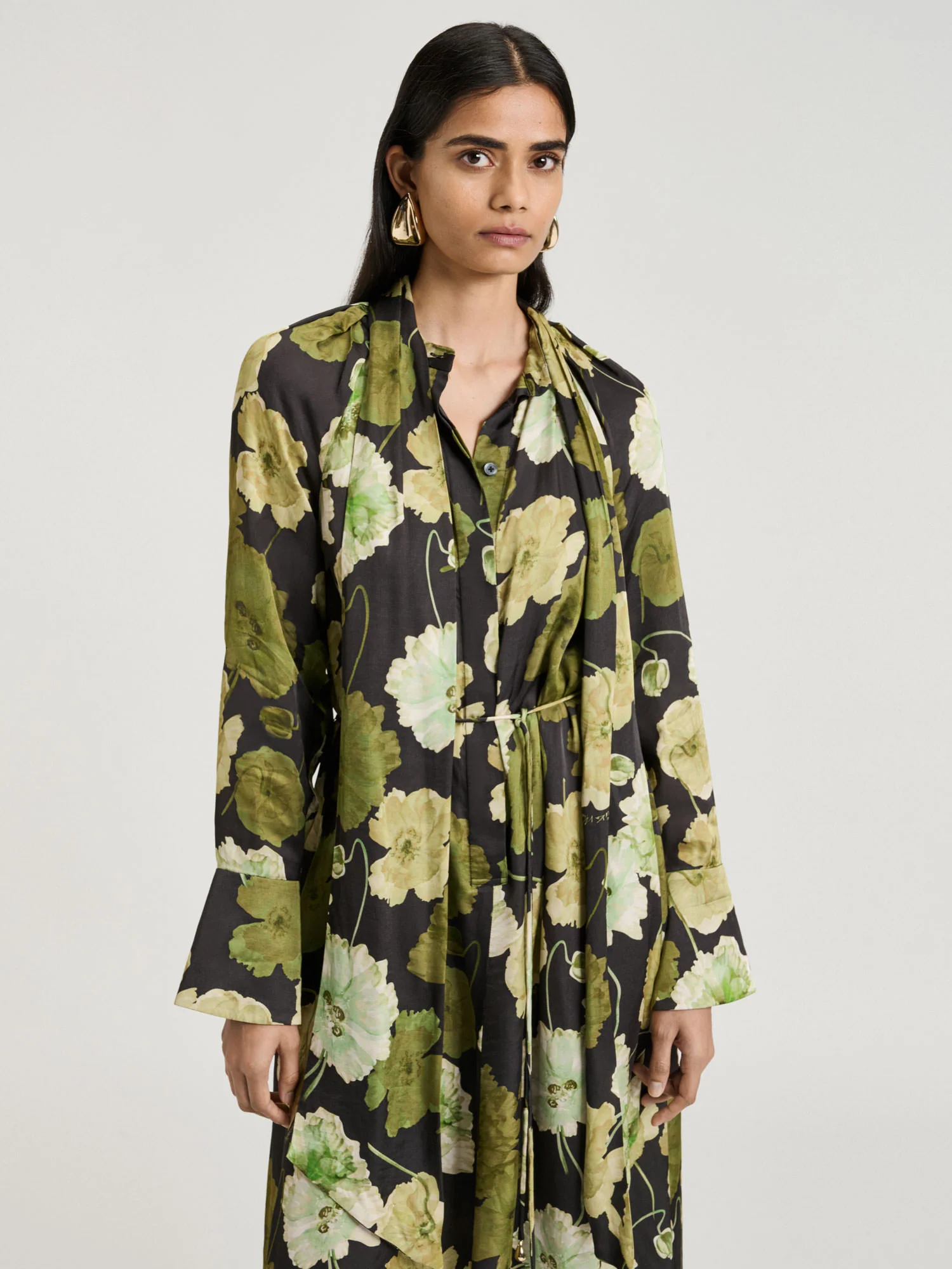 TRANSLUCENT POPPY SATIN LONG SLEEVE MIDI DRESS - Image 2