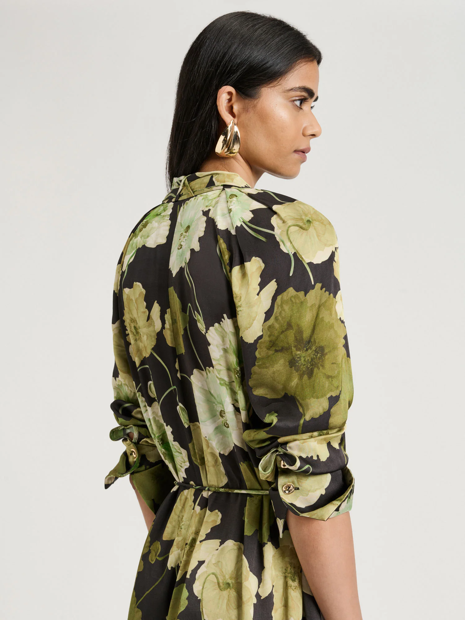 TRANSLUCENT POPPY SATIN LONG SLEEVE MIDI DRESS - Image 3