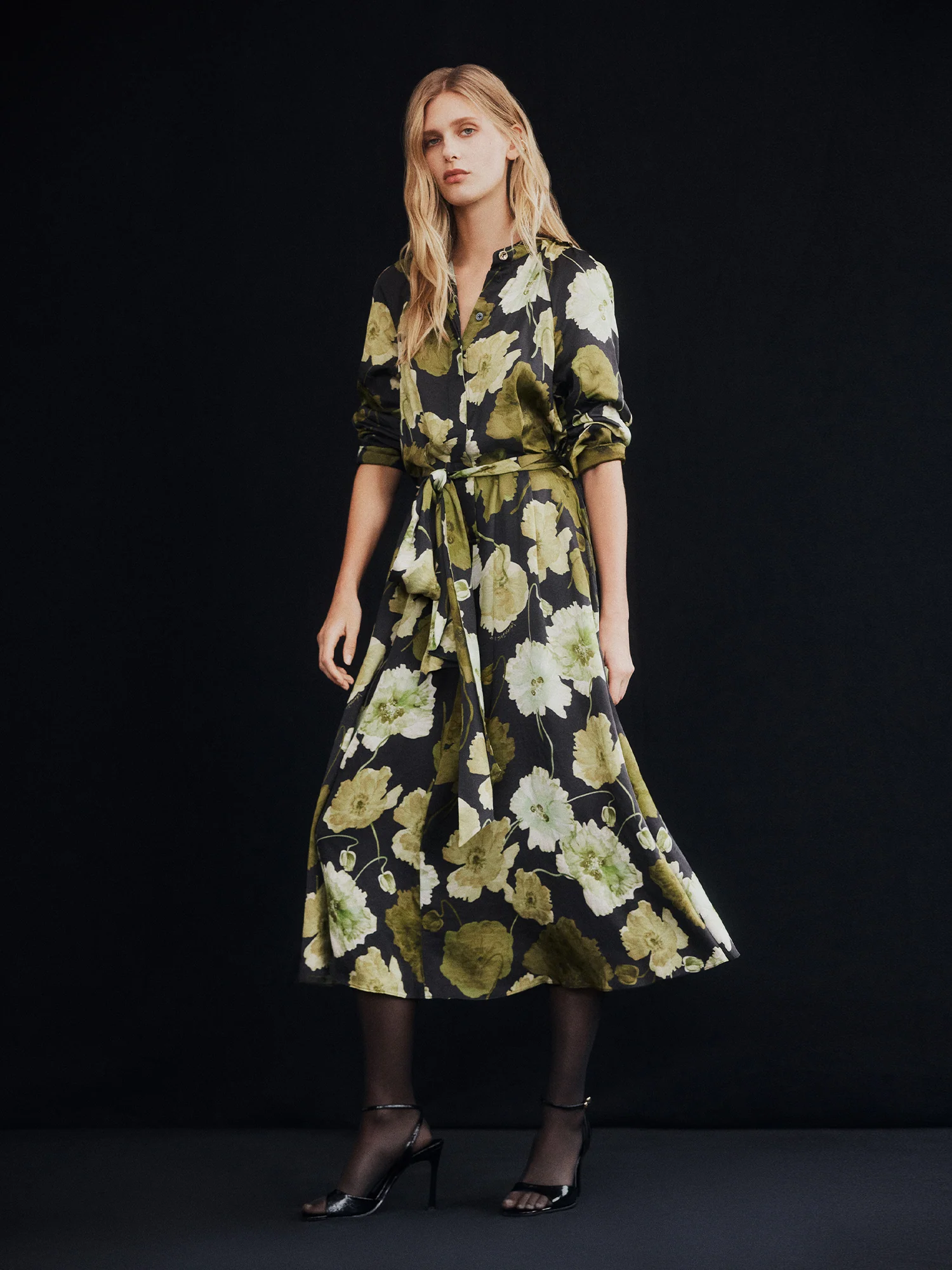 TRANSLUCENT POPPY SATIN LONG SLEEVE MIDI DRESS - Image 5