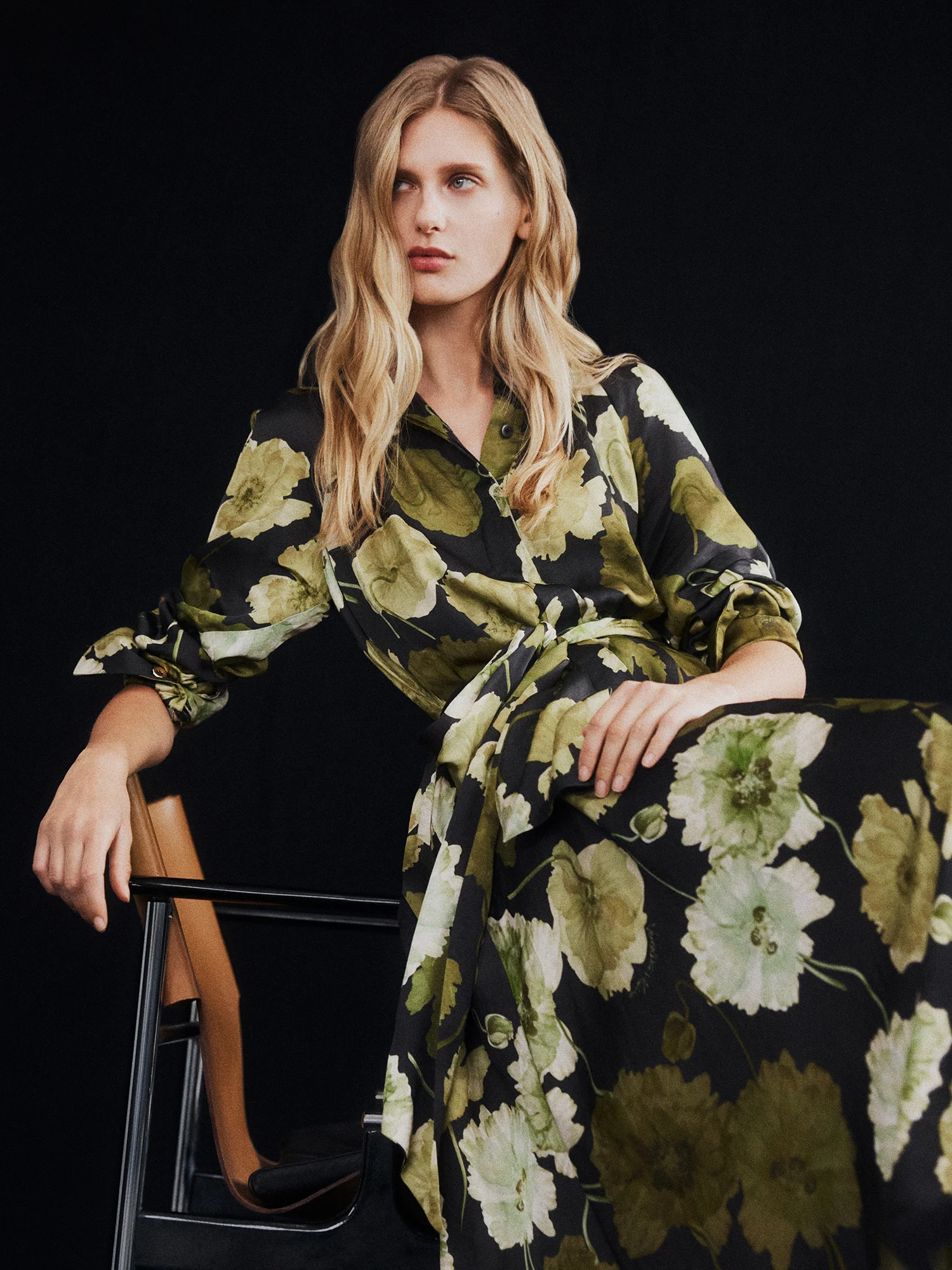 TRANSLUCENT POPPY SATIN LONG SLEEVE MIDI DRESS - Image 6