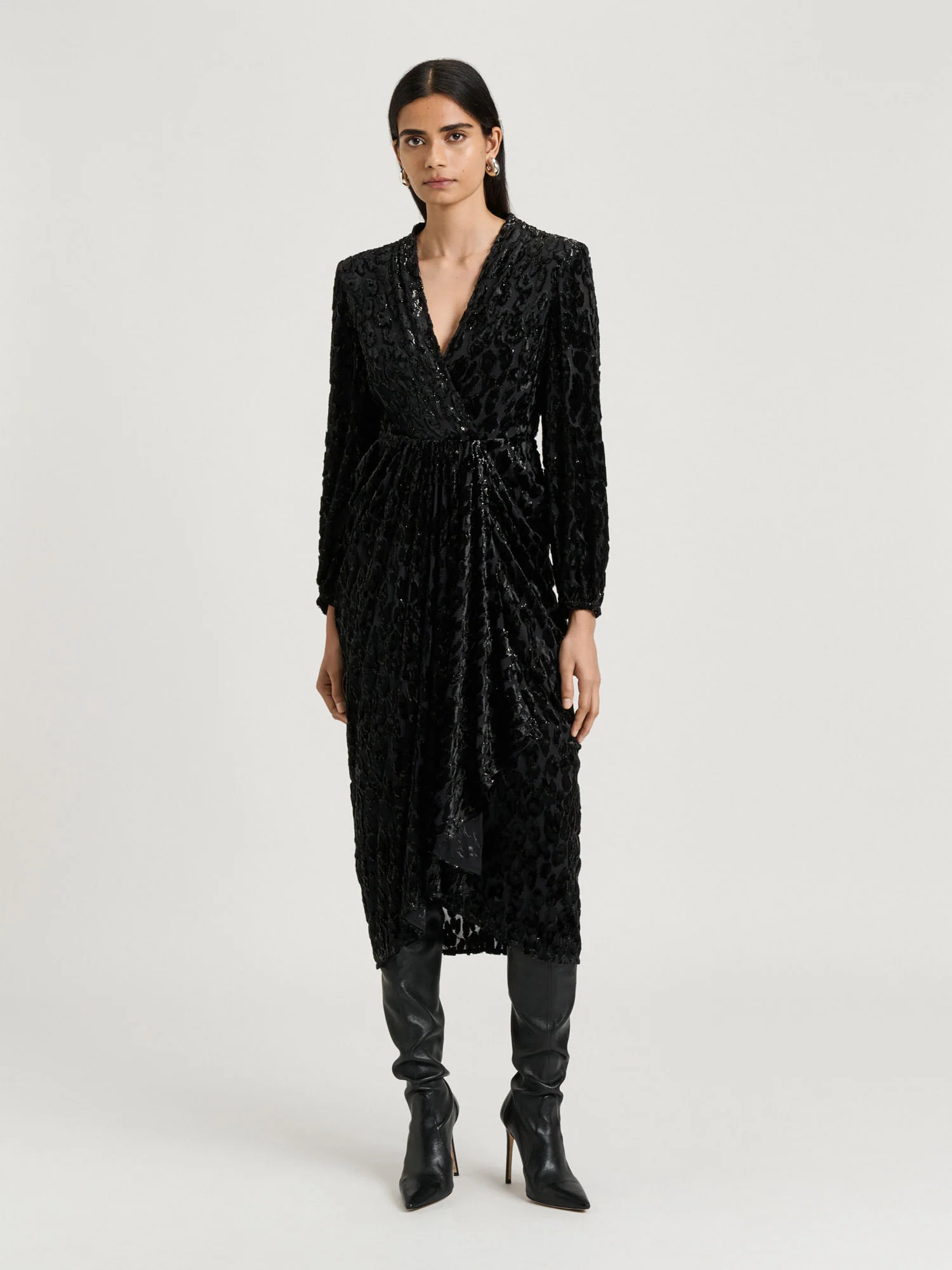 VELVET DEVORE DRAPED MIDI DRESS