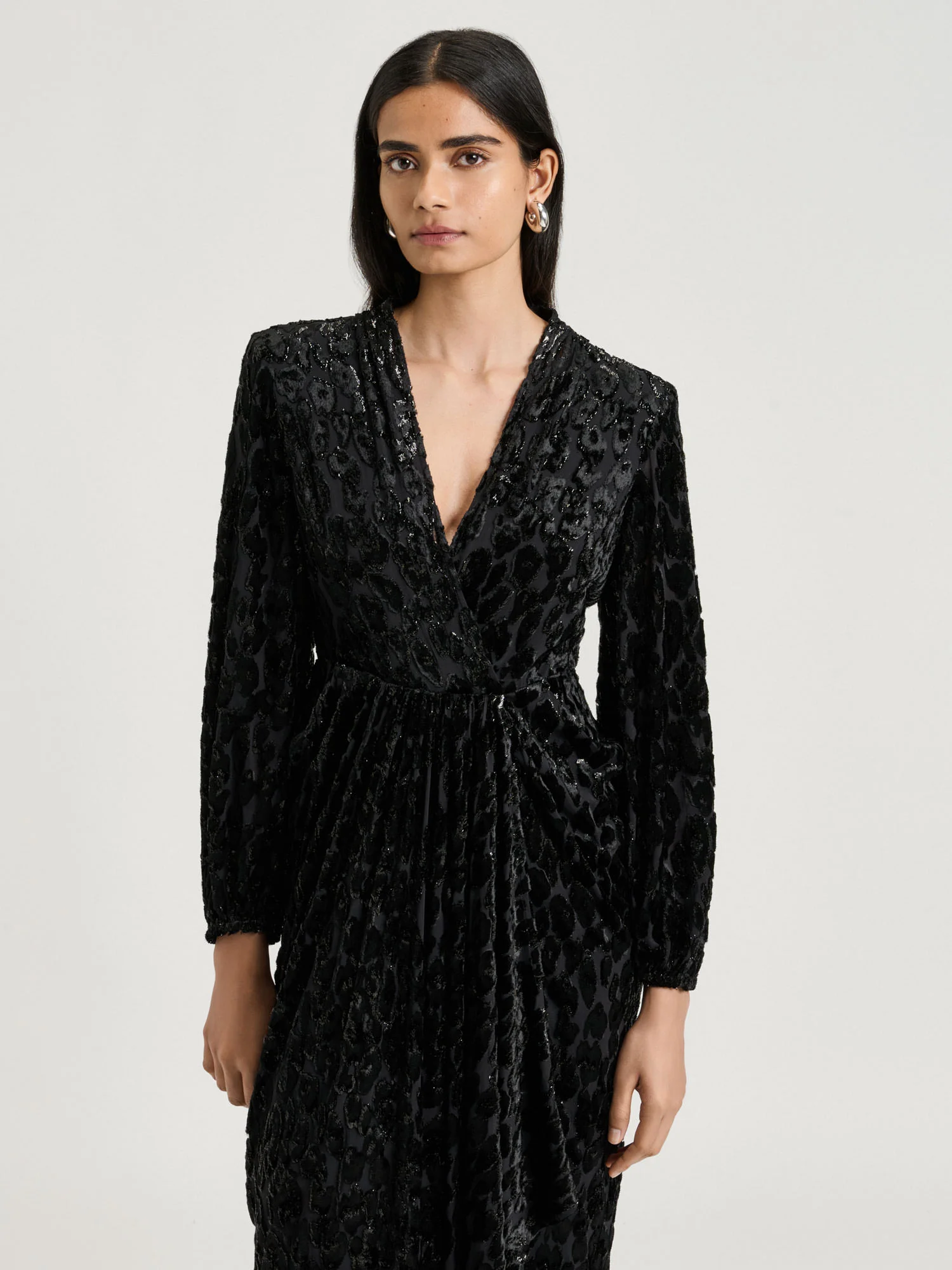 VELVET DEVORE DRAPED MIDI DRESS - Image 2
