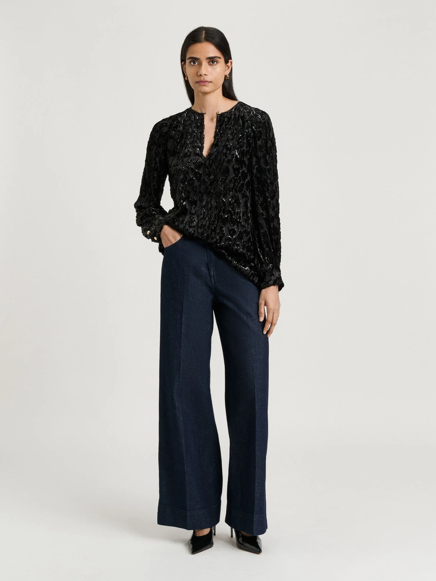 VELVET DEVORE LONG SLEEVE BLOUSE