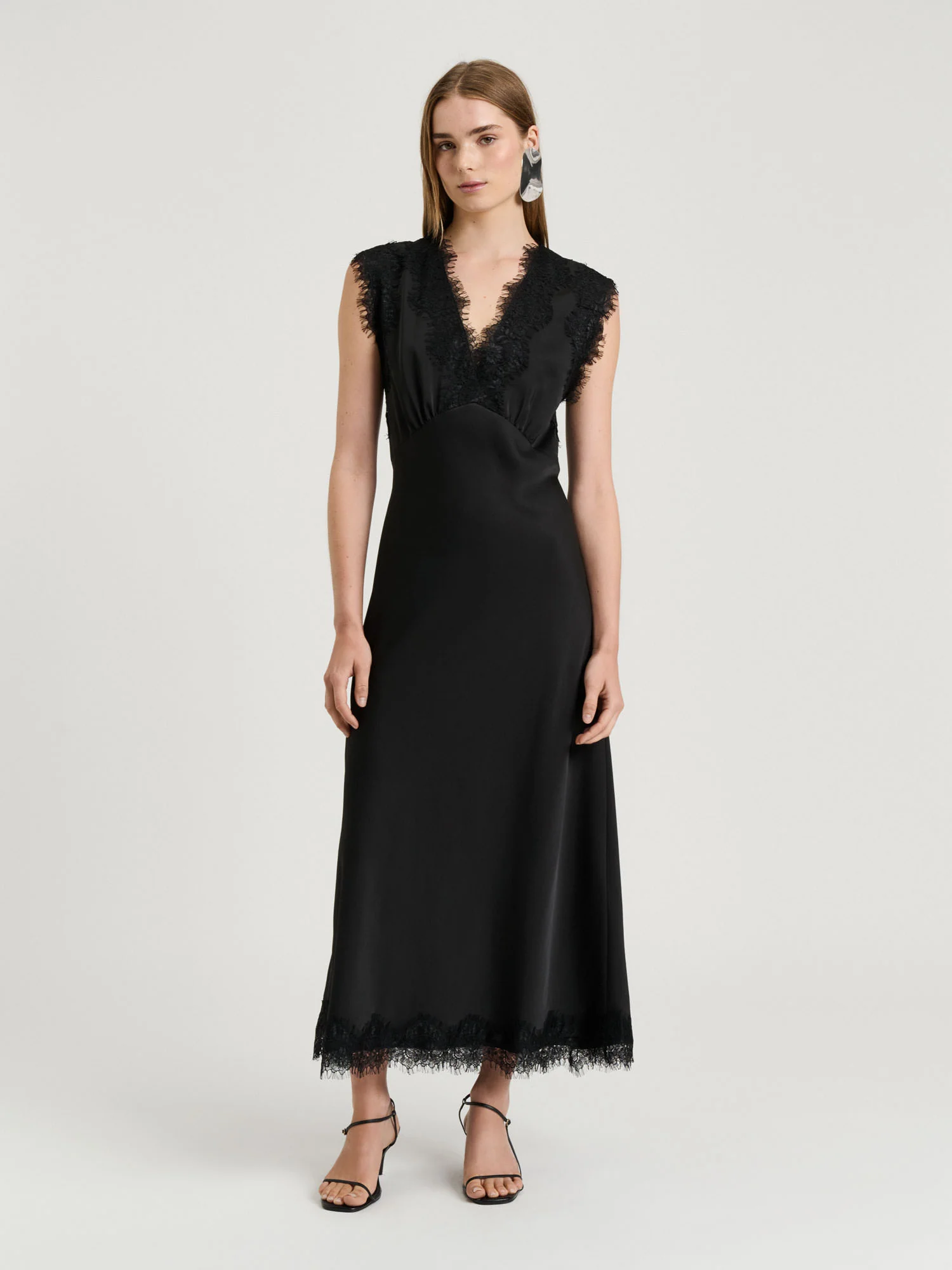 WASHED SATIN LACE TRIM MIDI DRESS