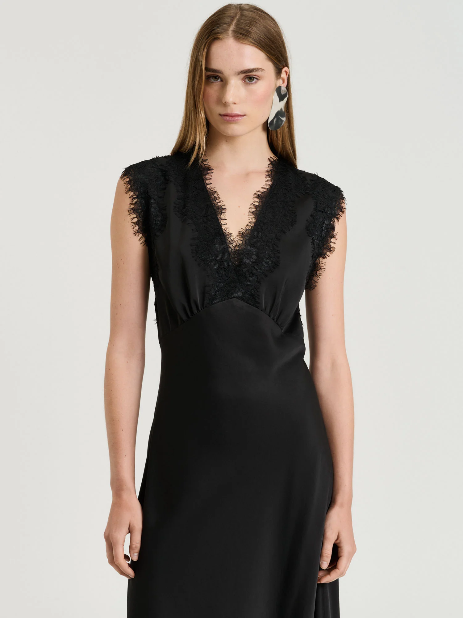 WASHED SATIN LACE TRIM MIDI DRESS - Image 2