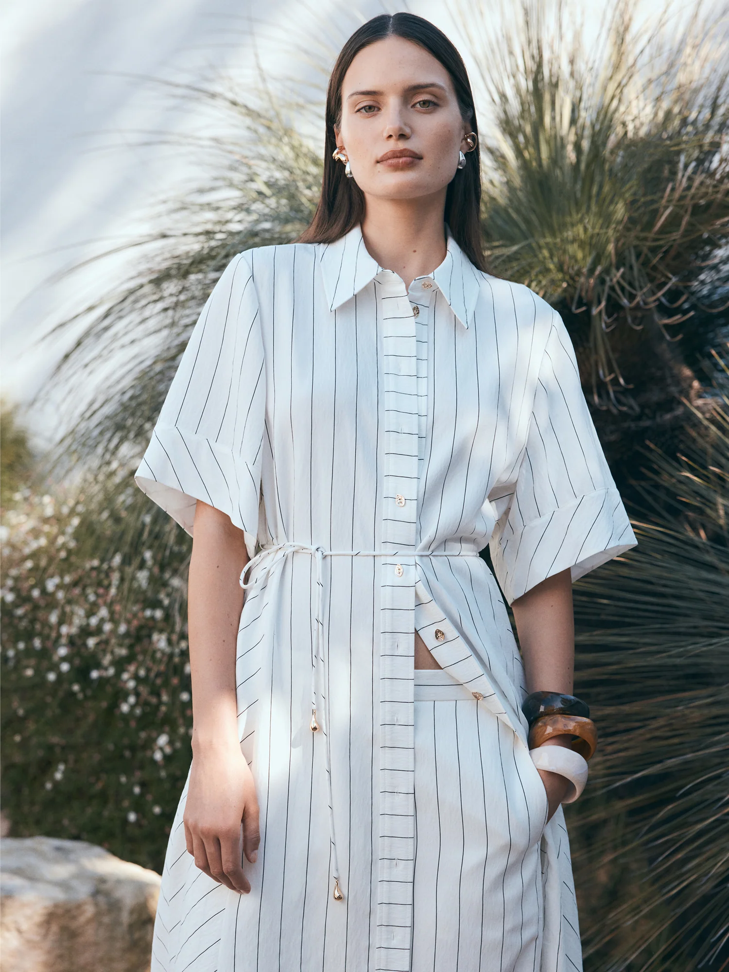 WHITE WIDE PINSTRIPE TIE WAIST SHIRTDRESS - Image 6