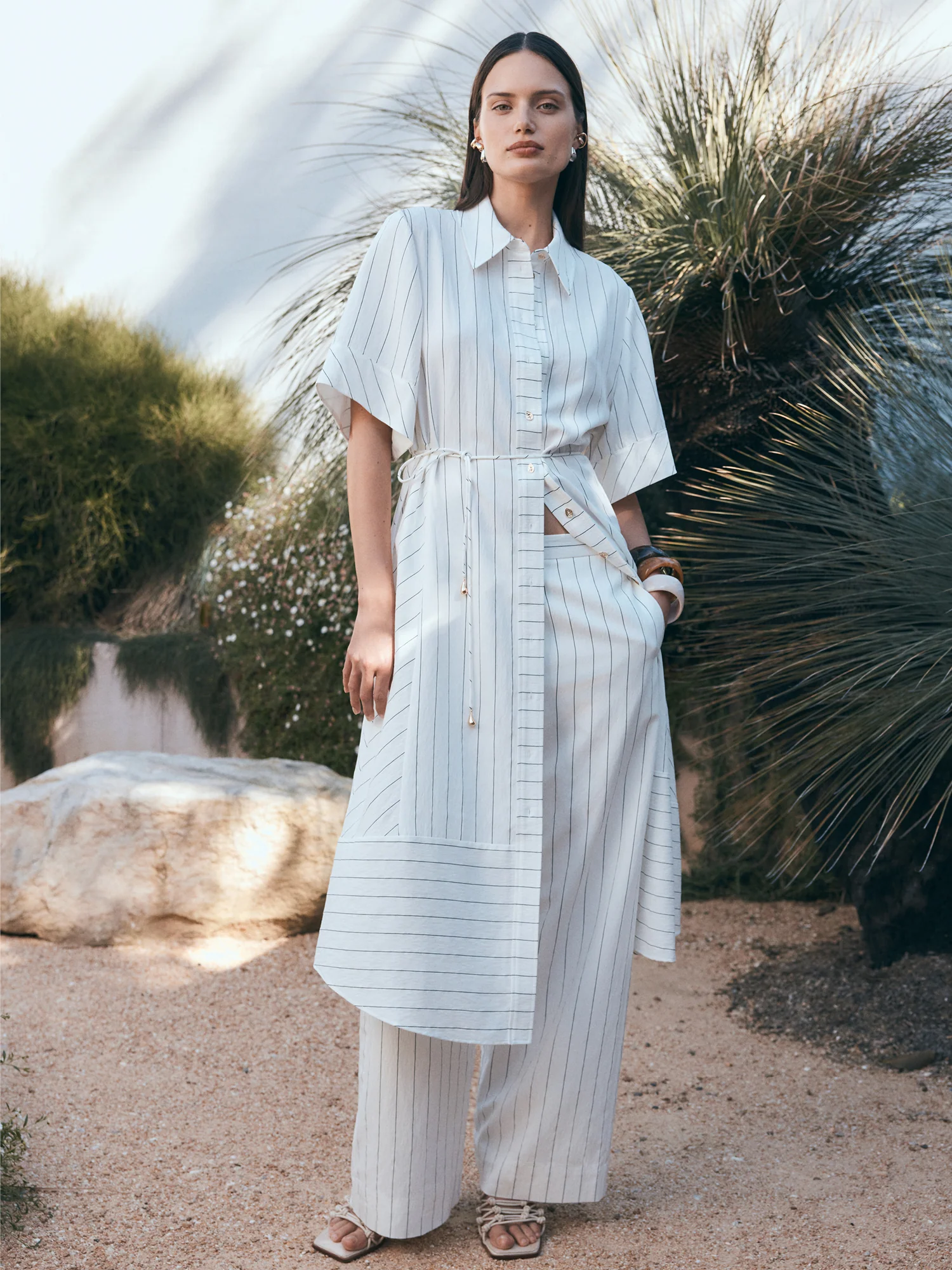 WHITE WIDE PINSTRIPE TIE WAIST SHIRTDRESS - Image 7