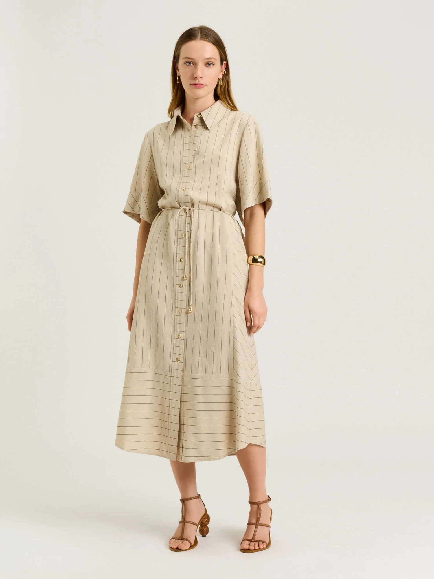 WIDE PINSTRIPE TIE WAIST SHIRTDRESS - Image 5