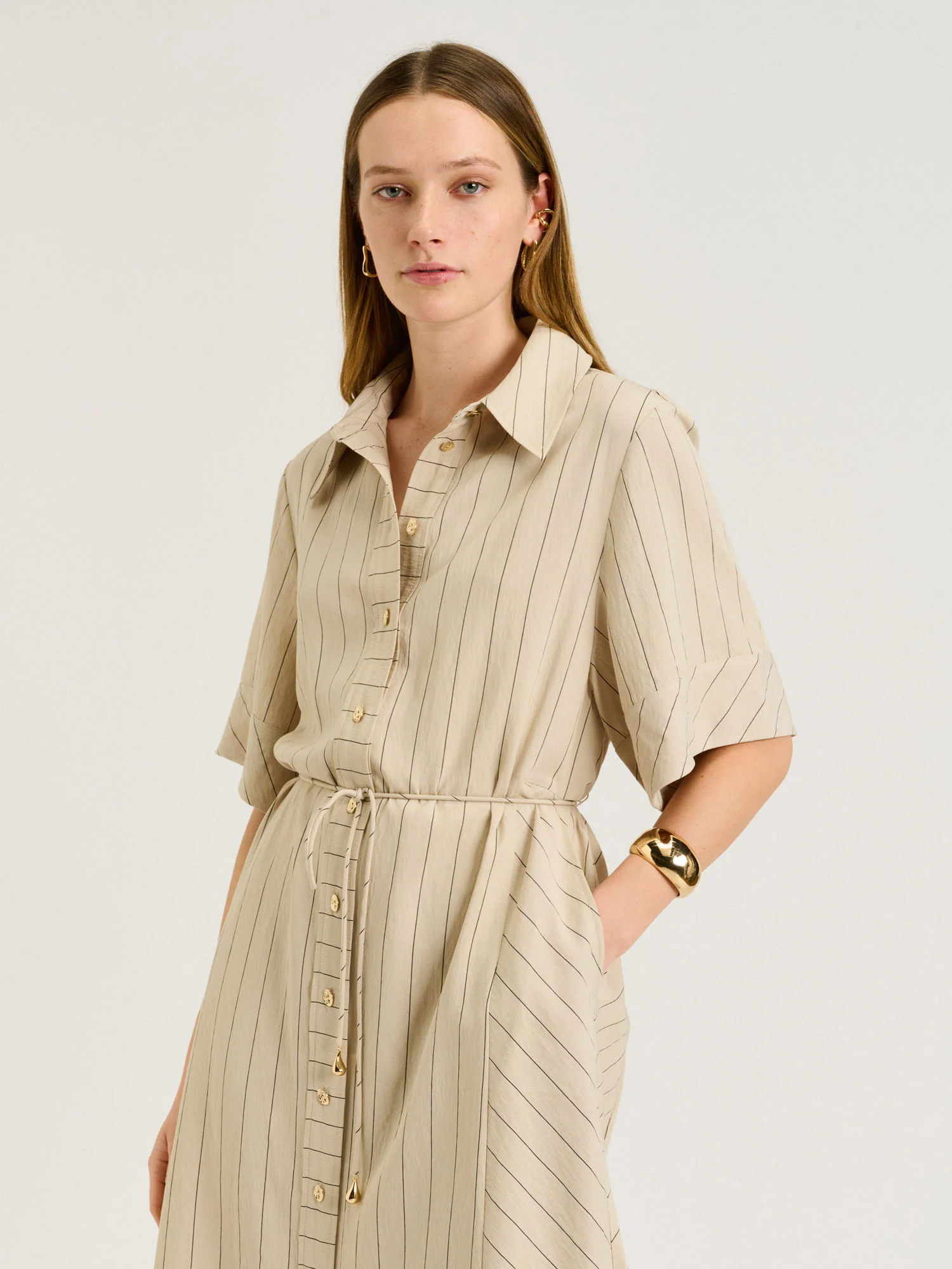 WIDE PINSTRIPE TIE WAIST SHIRTDRESS - Image 6