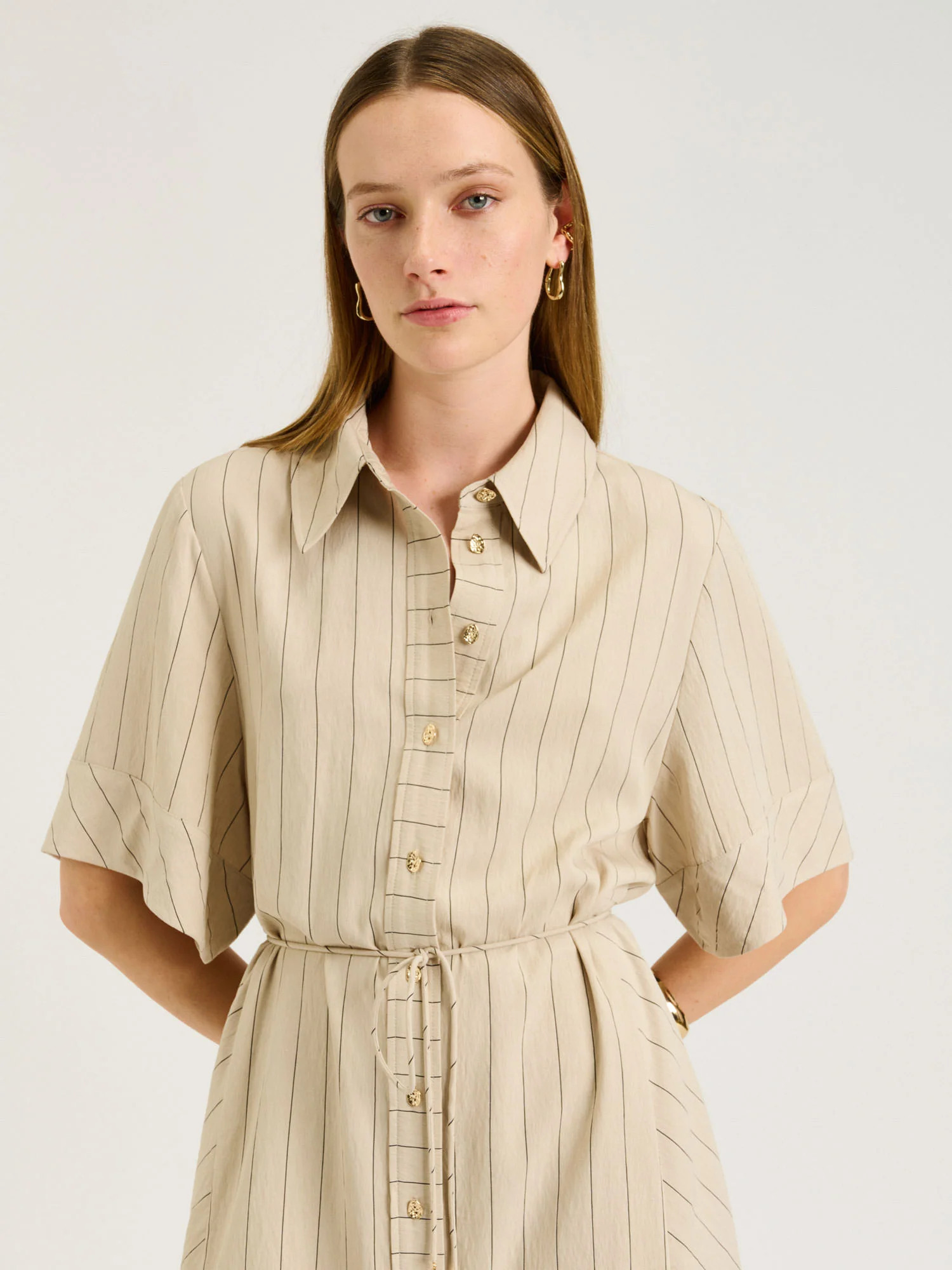 WIDE PINSTRIPE TIE WAIST SHIRTDRESS - Image 8